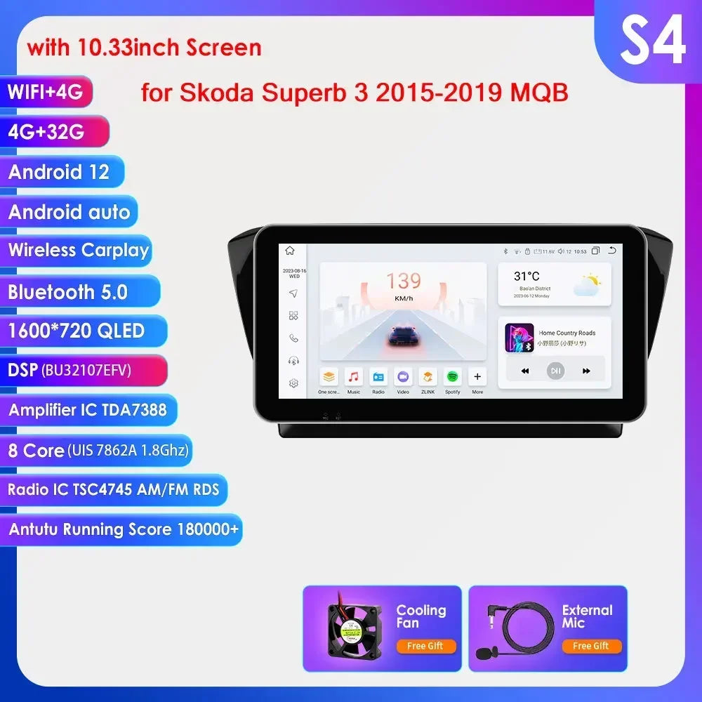 Skoda Superb 3 2015 - 2019 10,1" / 10,33" Android 14 Carplay Android auto wireless wifi bt gps 4g AUTM1J1R