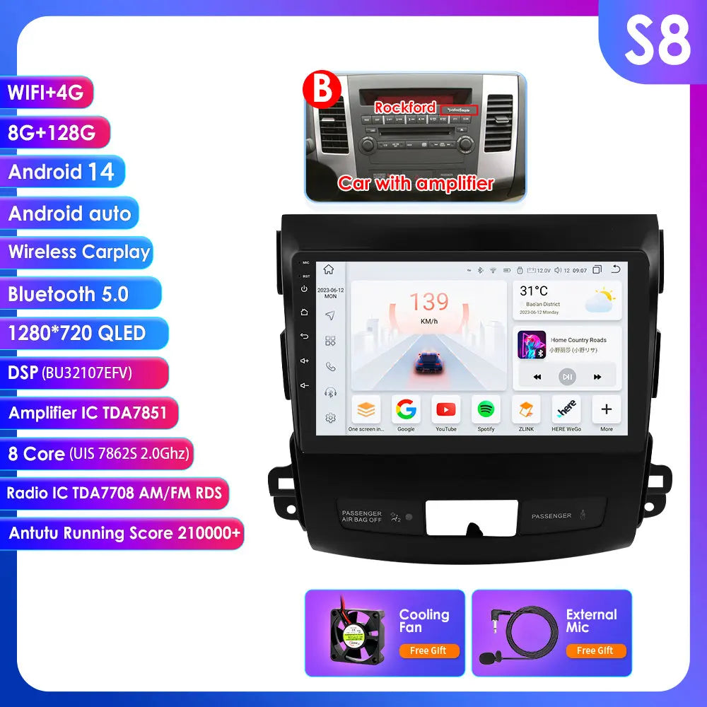 Peugeot 4007 Mitsubishi Outlander 2 Citroen C-Crosser 9" Android 14 Carplay Android auto wireless wifi bt gps 4g AUTMS5Y3