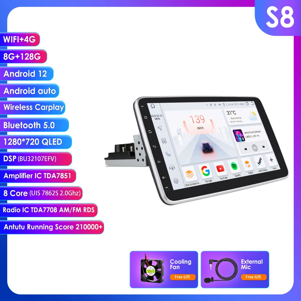 10.1" 1Din Universale Android 14 girevole a 360° Carplay Android auto wireless Radio RDS 4G DSP GPS Nav BT AUTMUNI10