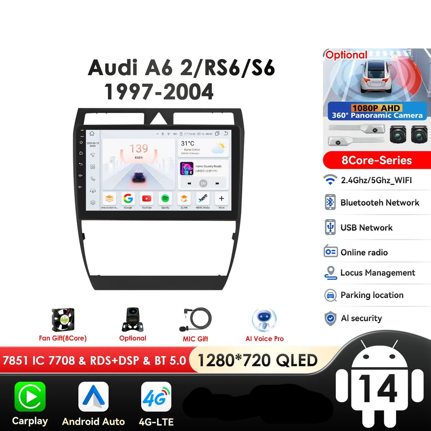 Audi A6 C5 1997-2004 S6 RS6 9" Android 14 Carplay Android auto wireless wifi bt gps 4g AUTMA9VK