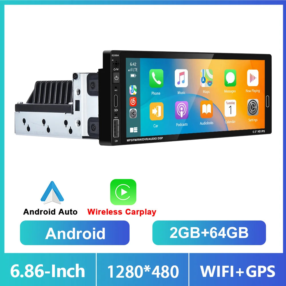 1din 6.86'' Android Car Stereo Radio 2+64G Wireless Carplay Android auto Bluetooth WIFI GPS FM Radio RDS AUTMRDNV1