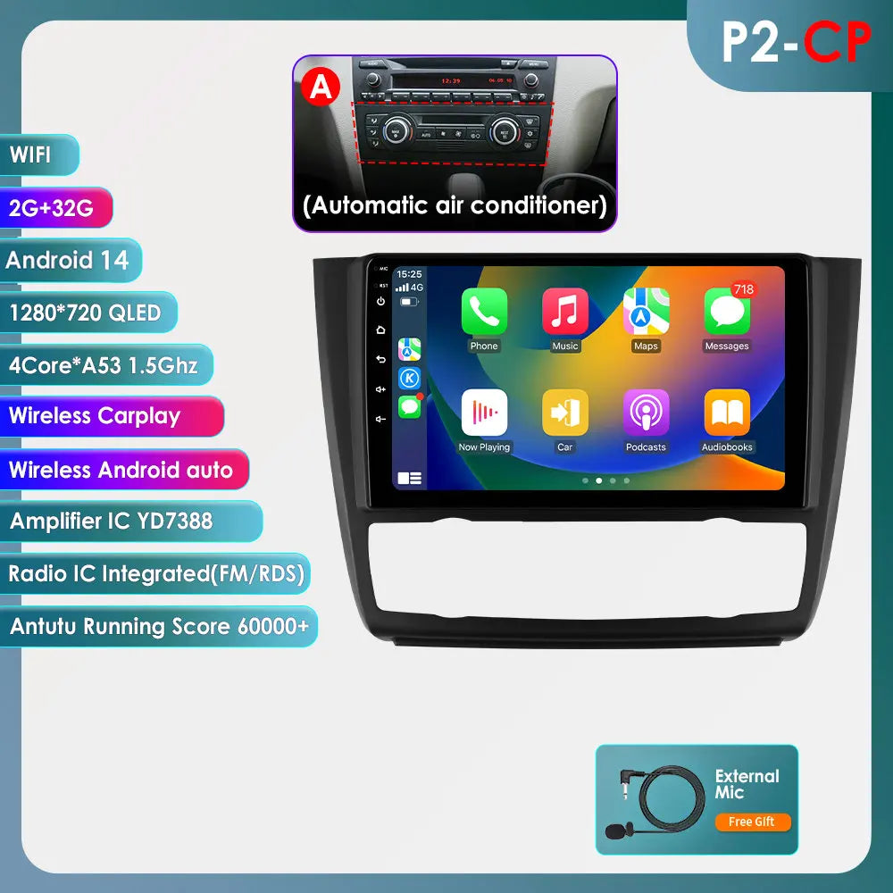 BMW 1 Series E81 E82 E87 E88 2004-2011 9" Android 14 Carplay Android auto wireless wifi bt gps 4g AUTM9KFA