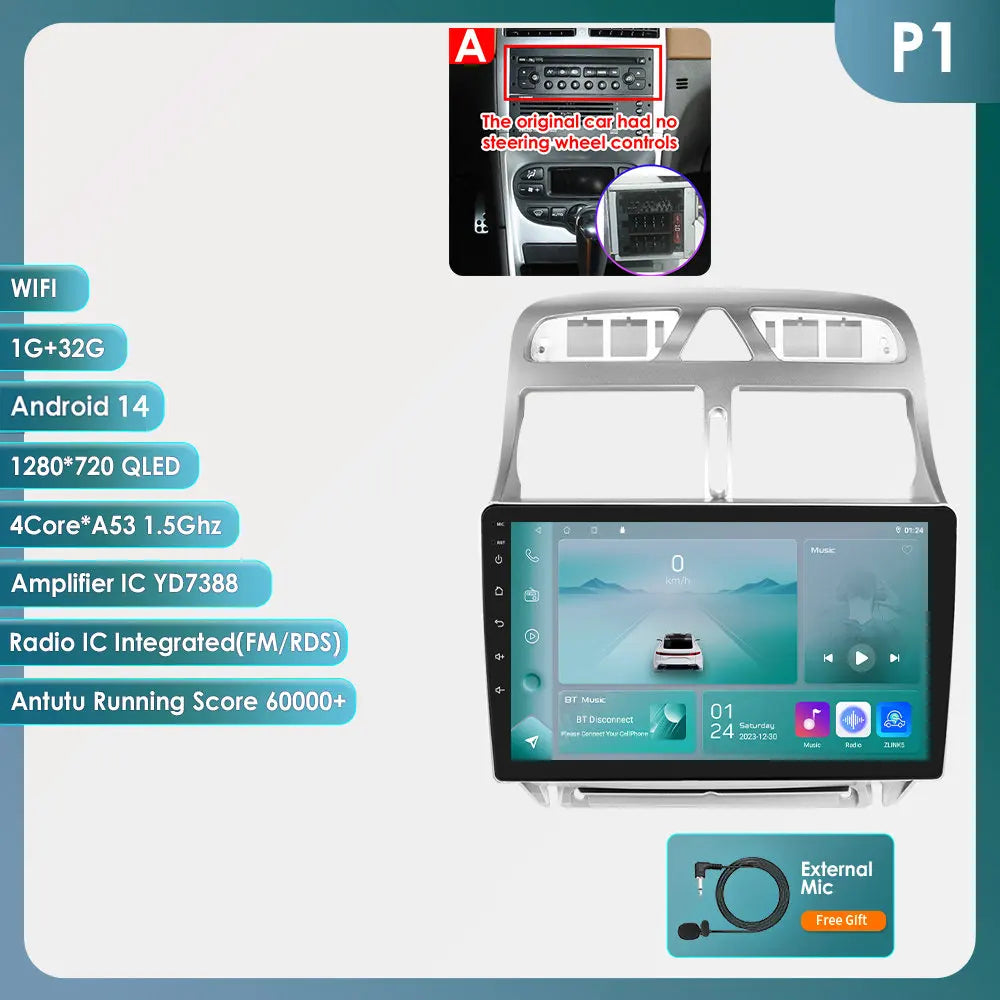 Peugeot 307 SW 307CC 307SW 2002 - 2013 9" Android 14 Carplay Android auto wireless wifi bt gps 4g AUTMRUTY