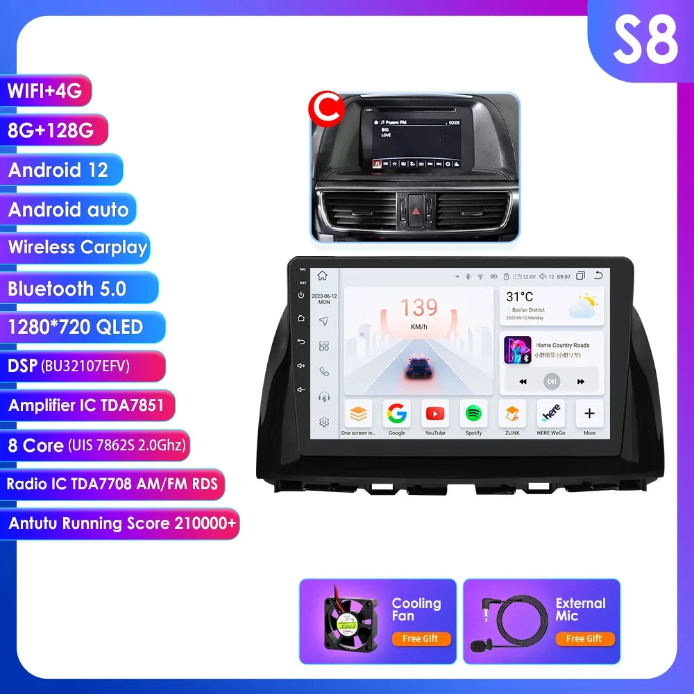 Mazda CX5 CX-5 CX 5 2012 - 2015 9" Android 14 Carplay Android auto wireless wifi bt gps 4g AUTMAPJJ