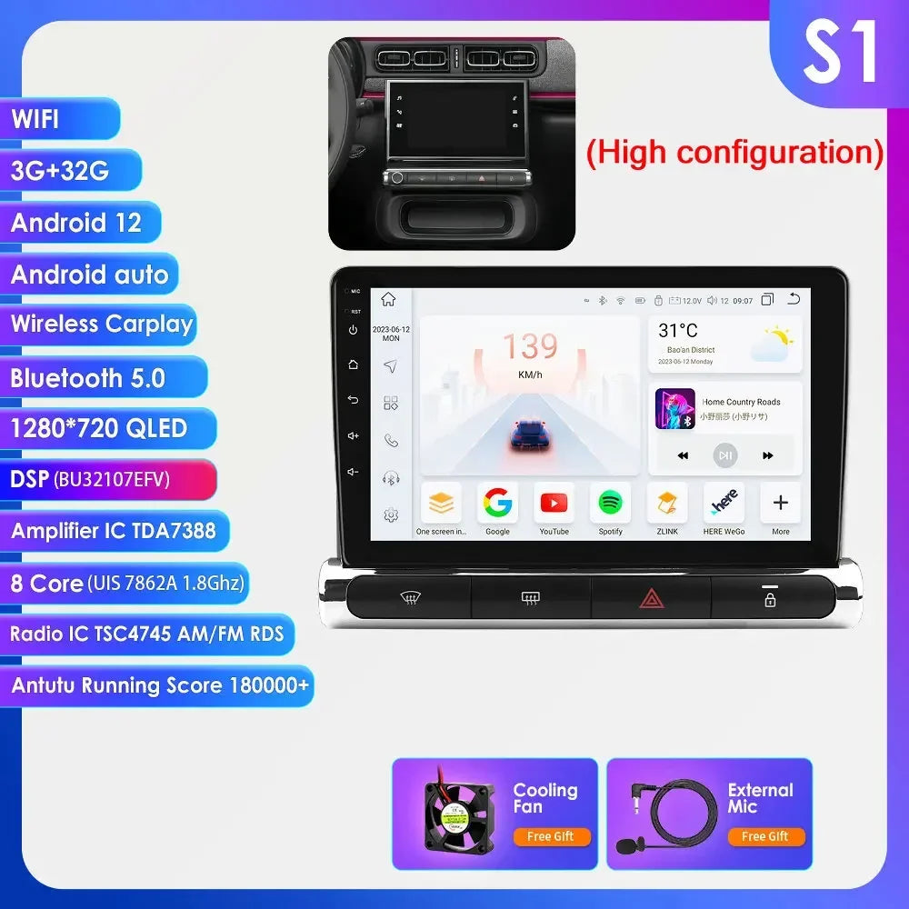 C3 Aircross 2017-2023 Citroen C4 9" Android 14 Carplay Android auto wireless wifi bt gps 4g AUTM9S14