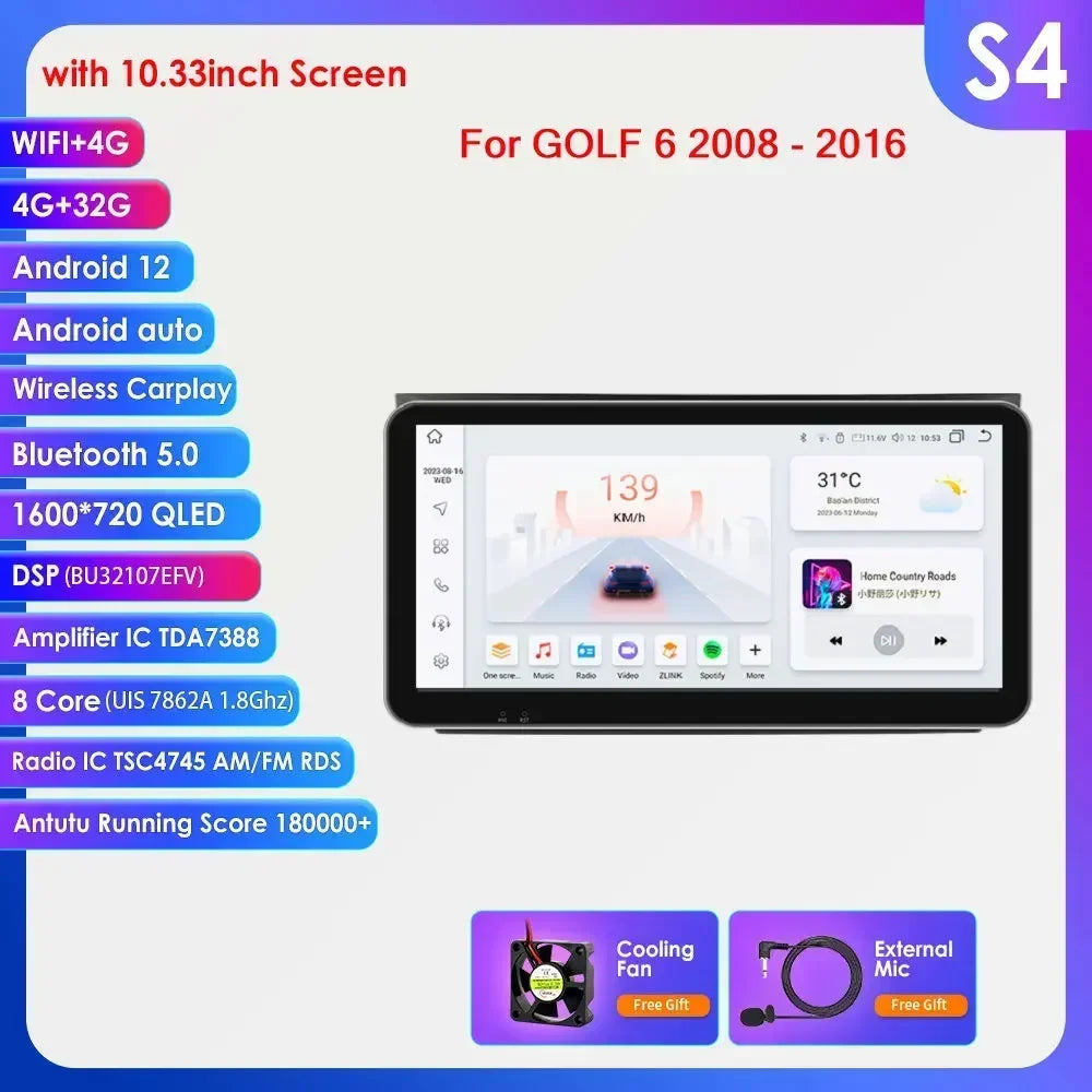 Volkswagen Golf 6 2008 - 2016 9" Android 14 Carplay Android auto wireless wifi bt gps 4g AUTM2L0X
