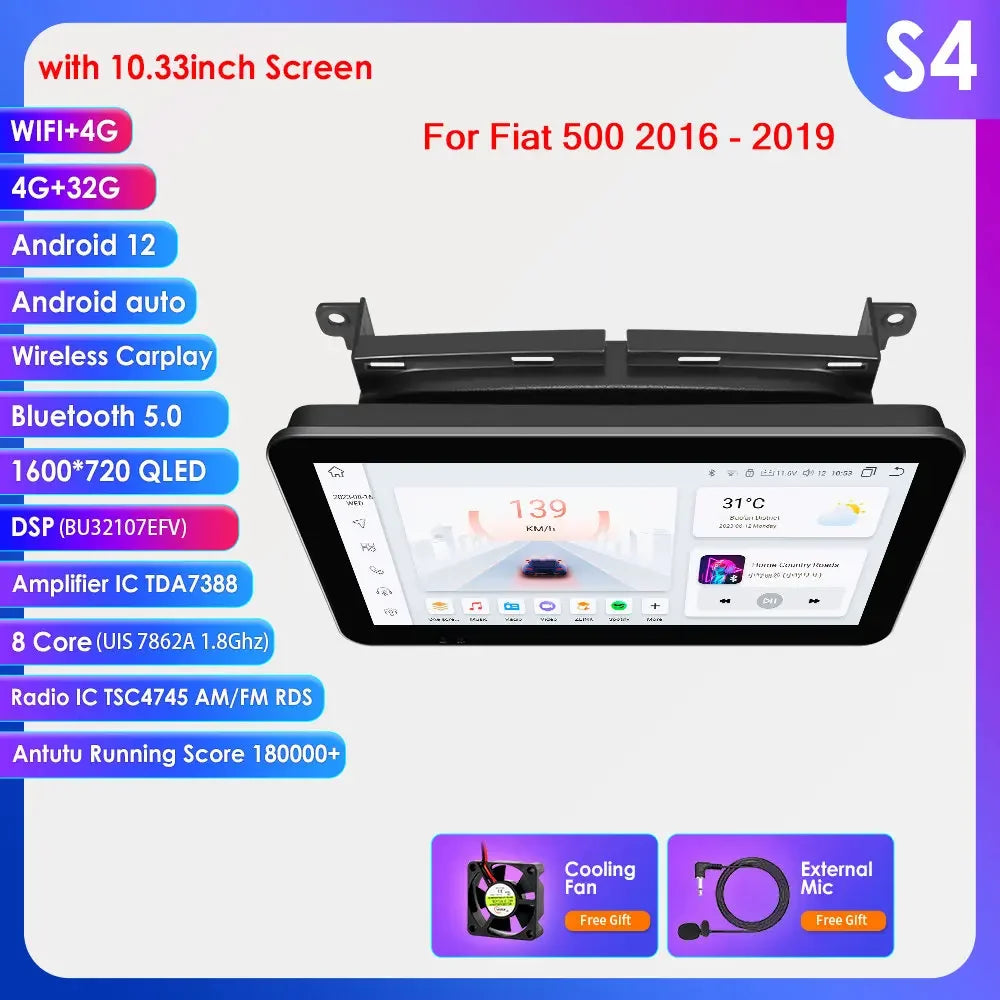 Fiat 500 2016 -2019 9"/10,33" Android 14 Carplay Android auto wireless wifi bt gps 4g AUTM7LJI