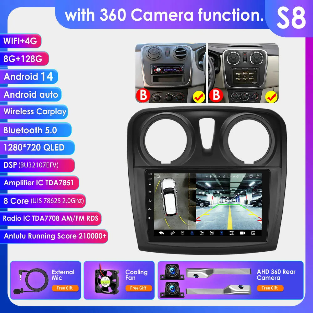 Dacia Logan 2 II Sandero 2 2012-2019 9" Android 14 Carplay Android auto wireless wifi bt gps 4g AUTMH2D9