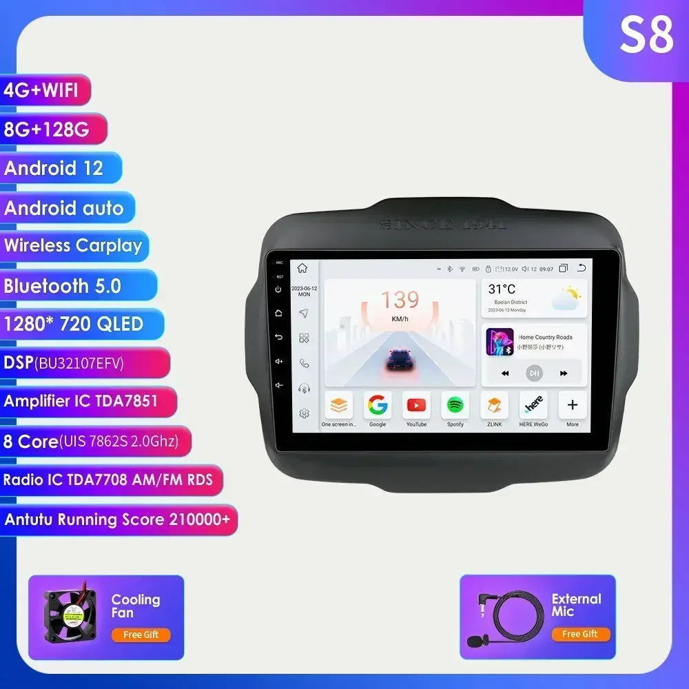 Jeep Renegade 2016-2020 9" Android 14 Carplay Android auto wireless wifi bt gps 4g AUTM7T02