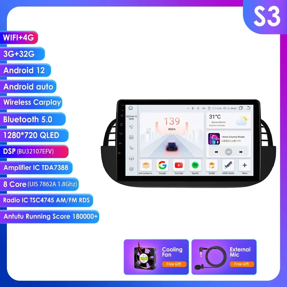 FIAT 500 2007-2015 9" Android 14 Carplay Android auto wireless wifi bt gps 4g AUTMMD9W