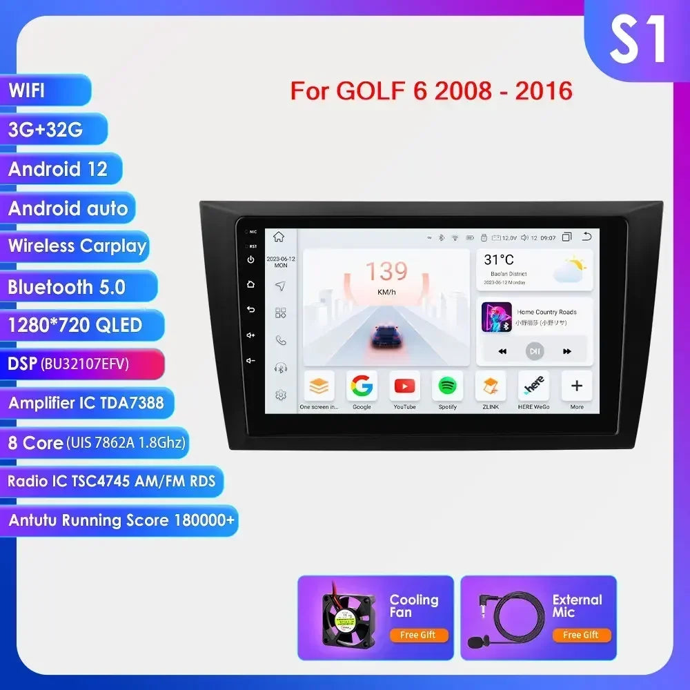 Volkswagen Golf 6 2008 - 2016 9" Android 14 Carplay Android auto wireless wifi bt gps 4g AUTM2L0X