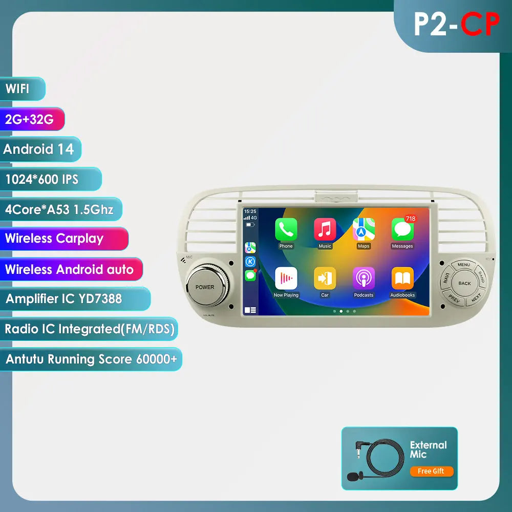Fiat 500 2007 - 2015 7" Android 14 Carplay Android auto wireless wifi bt gps 4g AUTM7QGL