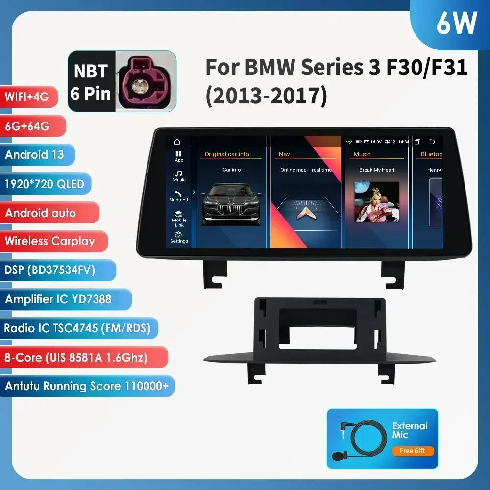 BMW 3 BMW 4 Series F30 F31 NBT 10,25" Android 14 Carplay Android auto wireless wifi bt gps 4g AUTMYBR6