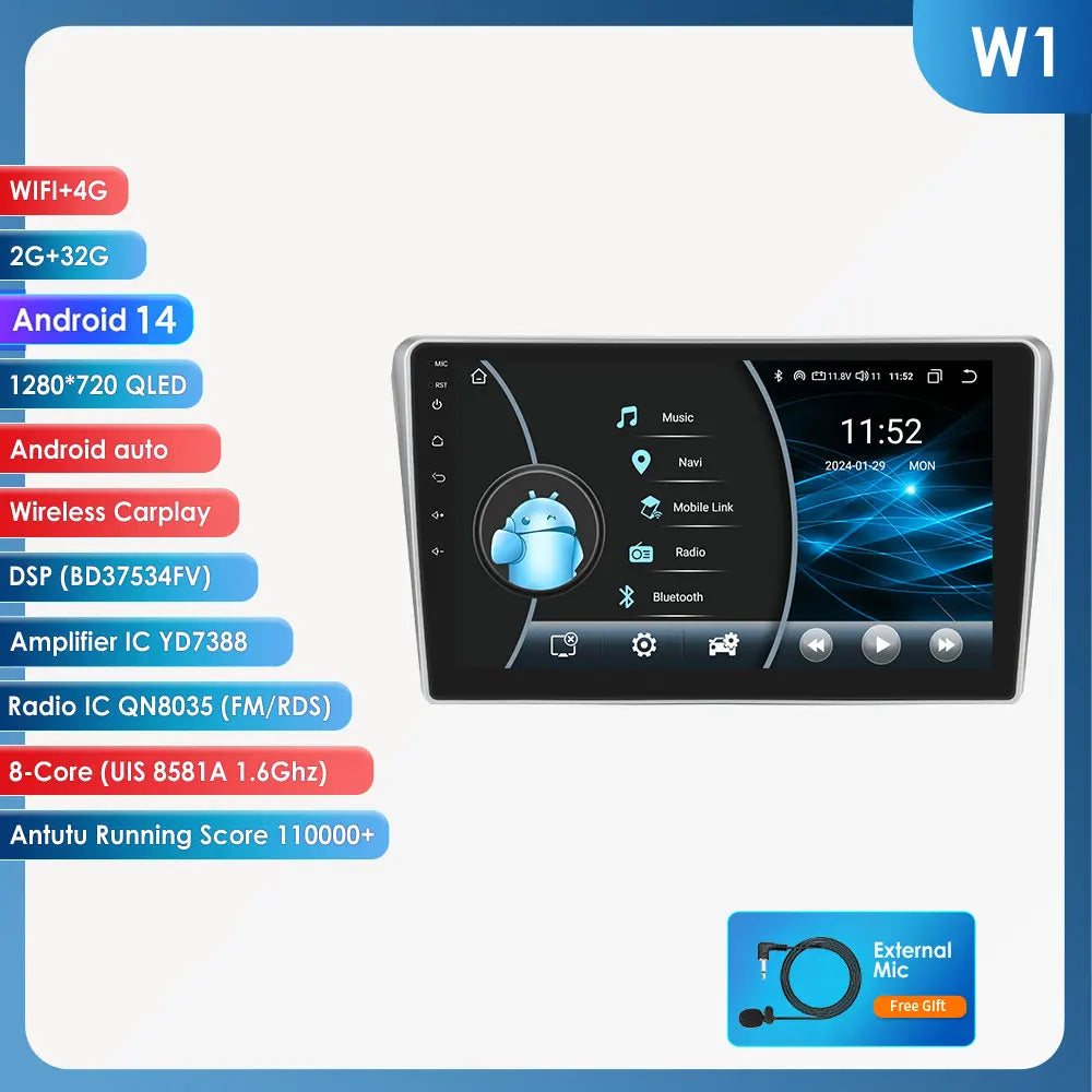 Toyota Avensis T25 2002- 2008 9" Android 14 Carplay Android auto wireless wifi bt gps 4g AUTM01HZ