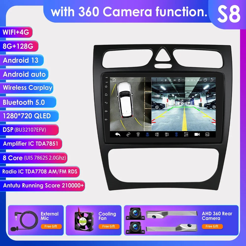 Mercedes-Benz A W168 C W203 G W463 Viano Vito CLK Class C209 1998-2006 9" Android 14 Carplay Android auto wireless wifi bt gps 4g AUTMZH0A