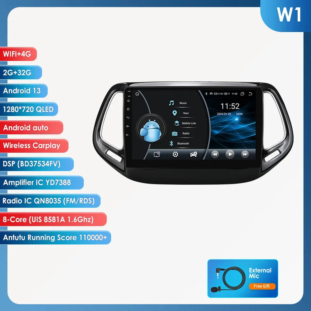 Jeep Compass 2017 -2020 10" Android 14 Carplay Android auto wireless wifi bt gps 4g AUTM4RUA