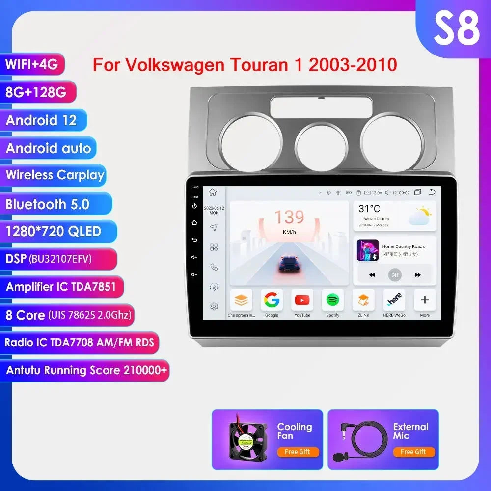 Volkswagen Touran 1 2003-2010 9" / 10,33" Android 14 Carplay Android auto wireless wifi bt gps 4g AUTMN784