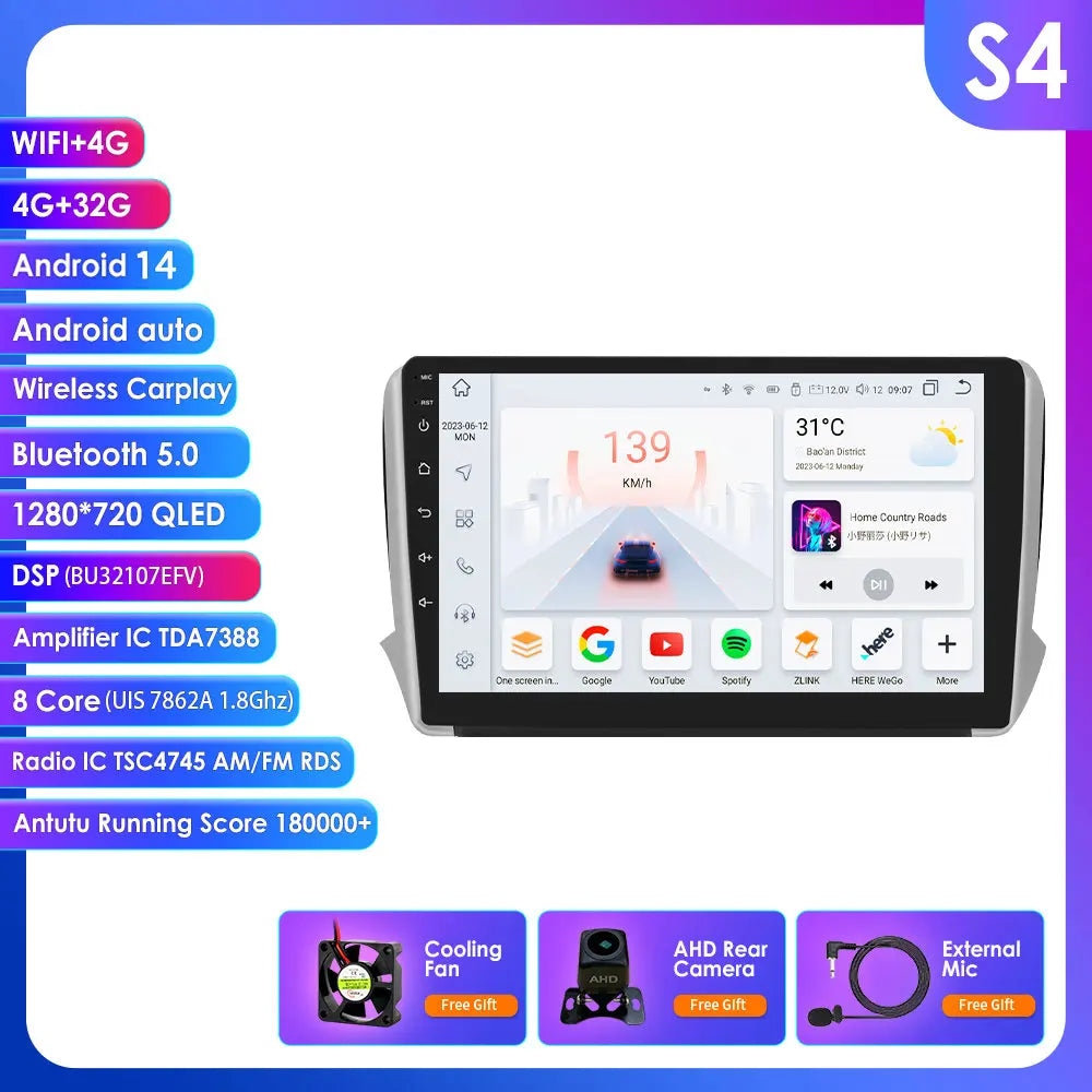 Peugeot 208 2008 Series 2012-2018 9" Android 14 Carplay Android auto wireless wifi bt gps 4g AUTM0LAH