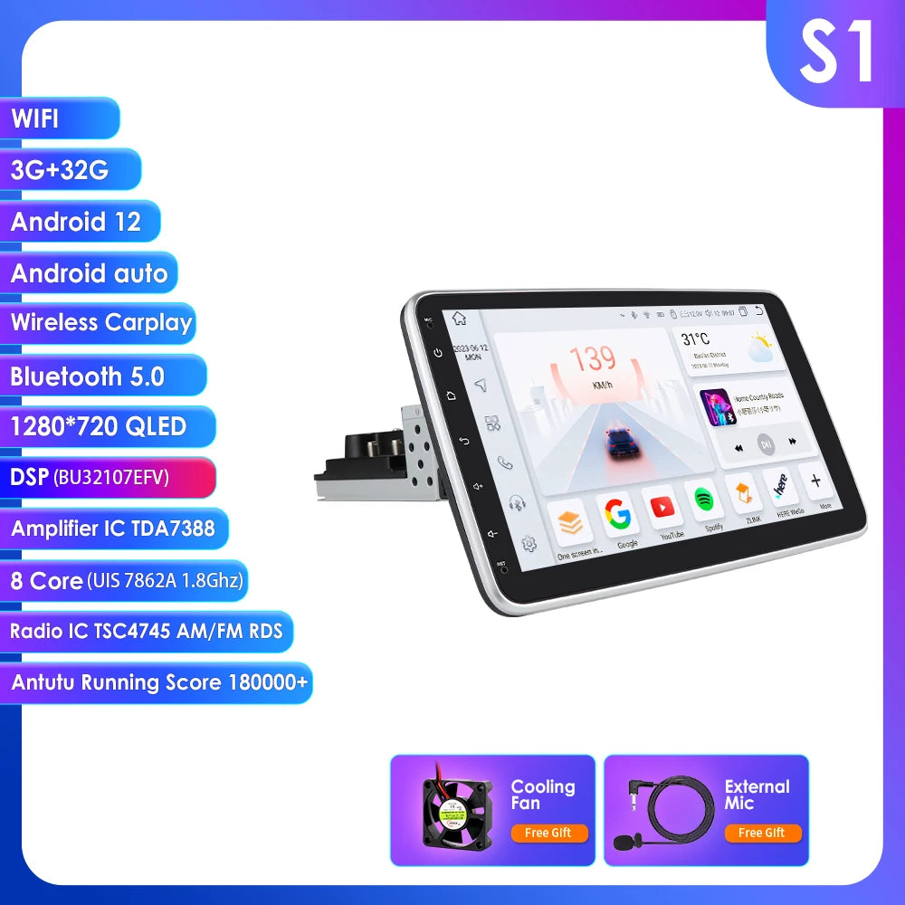 10.1" 1Din Universale Android 14 girevole a 360° Carplay Android auto wireless Radio RDS 4G DSP GPS Nav BT AUTMUNI10