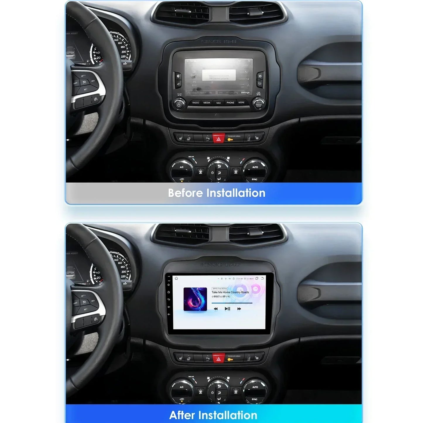 Jeep Renegade 2016-2020 9" Android 14 Carplay Android auto wireless wifi bt gps 4g AUTM7T02