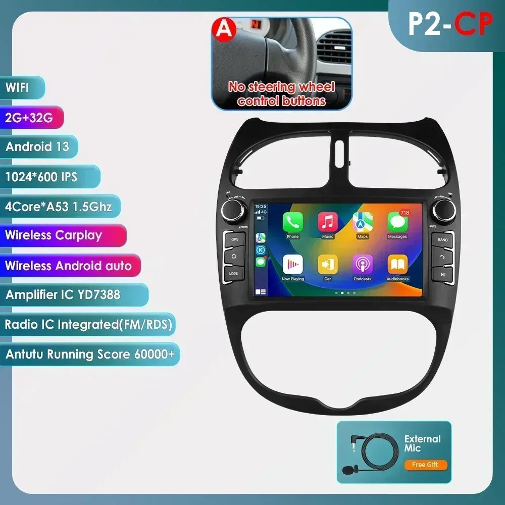 Peugeot 206 206CC 206SW 2000-2008 9" Android 14 Carplay Android auto wireless wifi bt gps 4g AUTM9GQB
