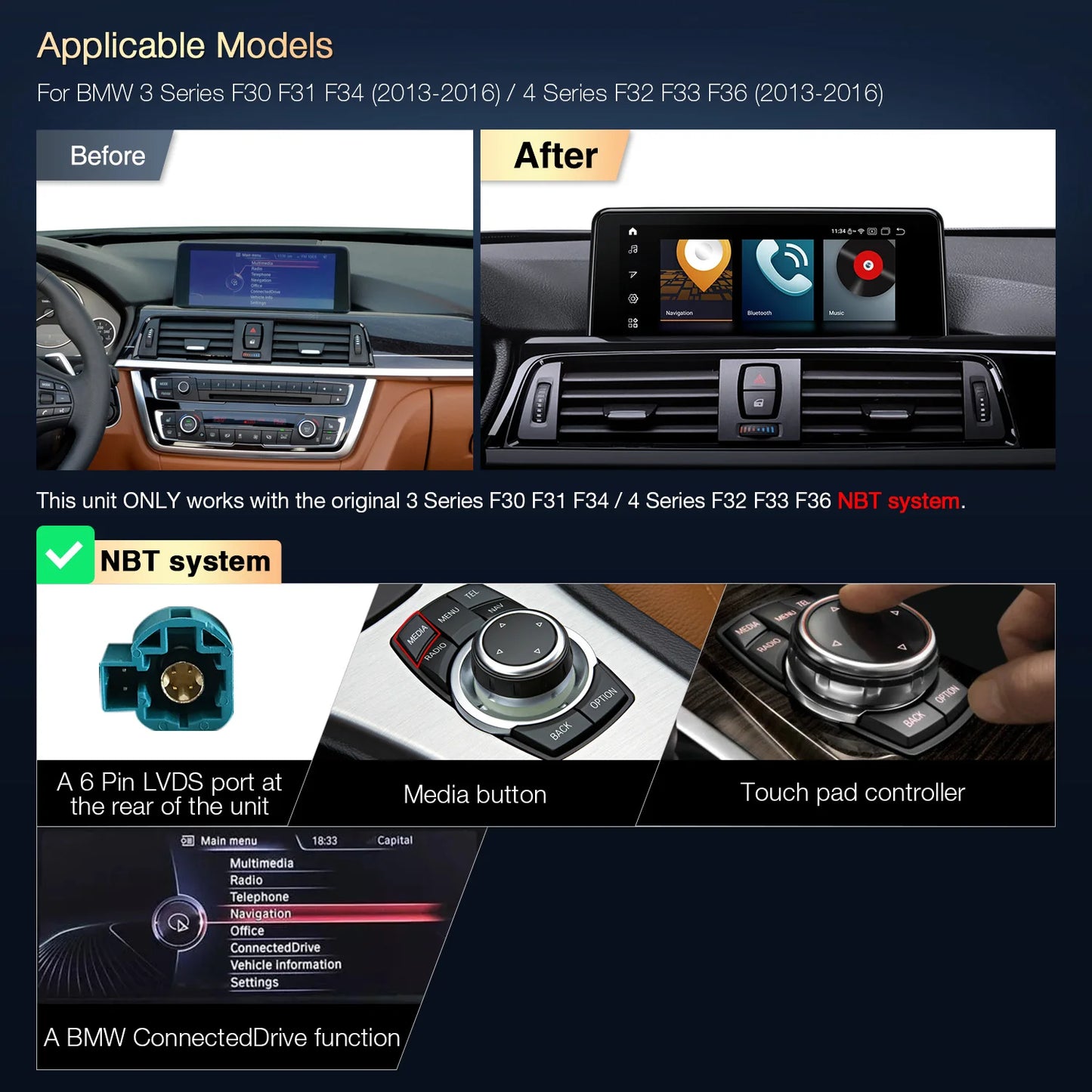 BMW Serie 3/4 Series F30/31/F32/F33/34/36 NBT 8.8" Android 13 Qualcomm Octa Core Car Radio For 4GLTE CarPlay Android Auto DSP QPBS83NBTH