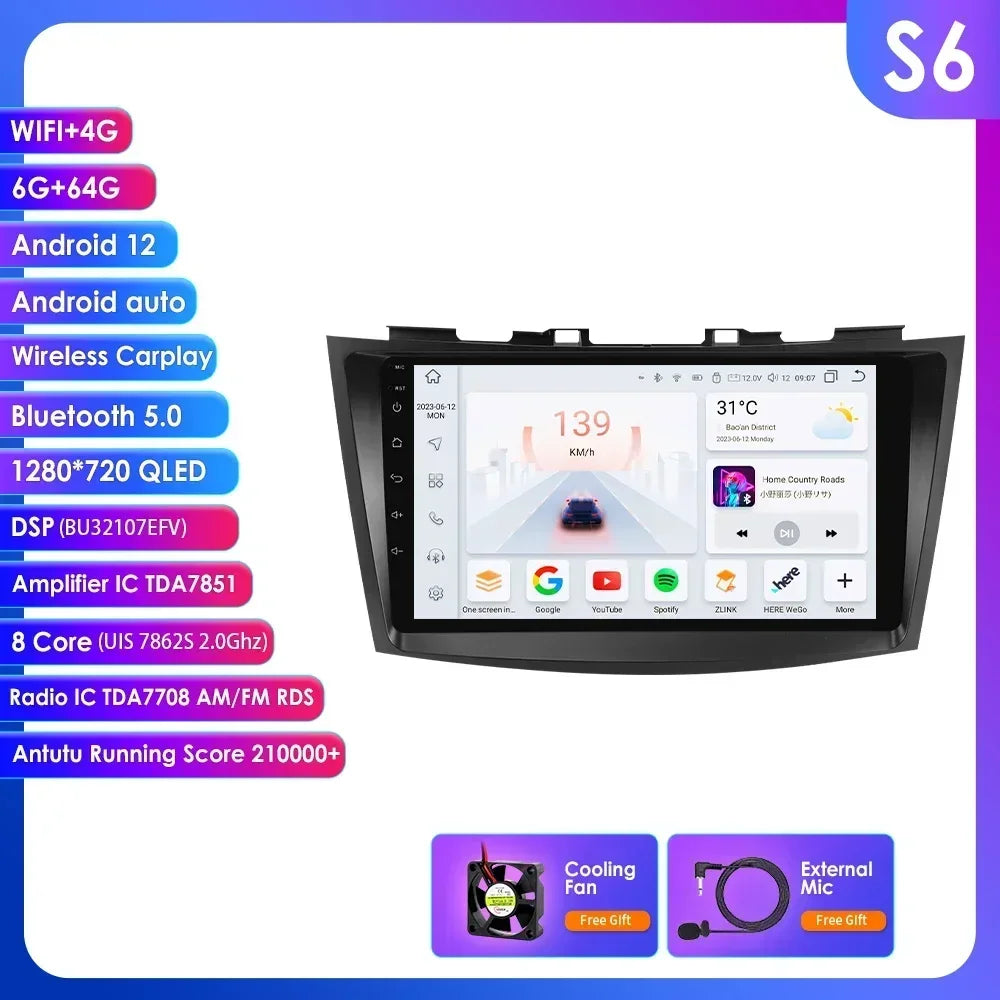 Suzuki Swift 4 2011-2015 9" Android 14 Carplay Android auto wireless wifi bt gps 4g AUTMSCNB