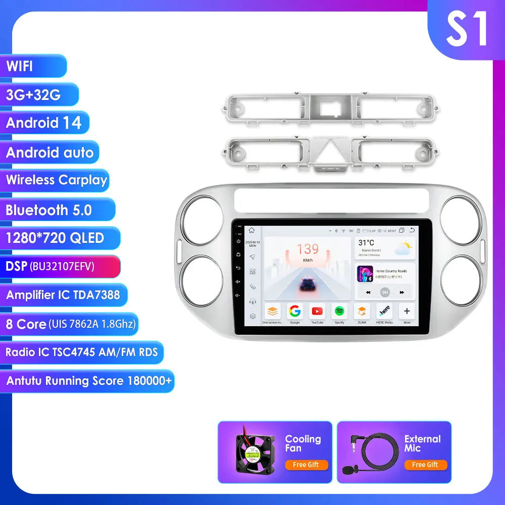 VW Volkswagen Tiguan 2006-2016 9" Android 14 Carplay Android auto wireless wifi bt gps 4g AUTMKZ2Q