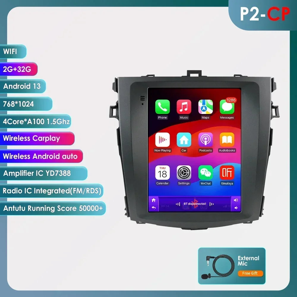 Toyota Corolla E140 / E150 2006 - 2013 9.7" Android 14 Carplay Android auto wireless wifi bt gps 4g CRLTYTE2