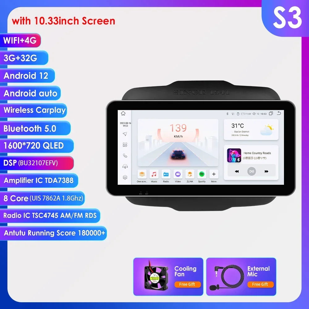 Jeep Renegade 2016-2020 9" Android 14 Carplay Android auto wireless wifi bt gps 4g AUTM7T02