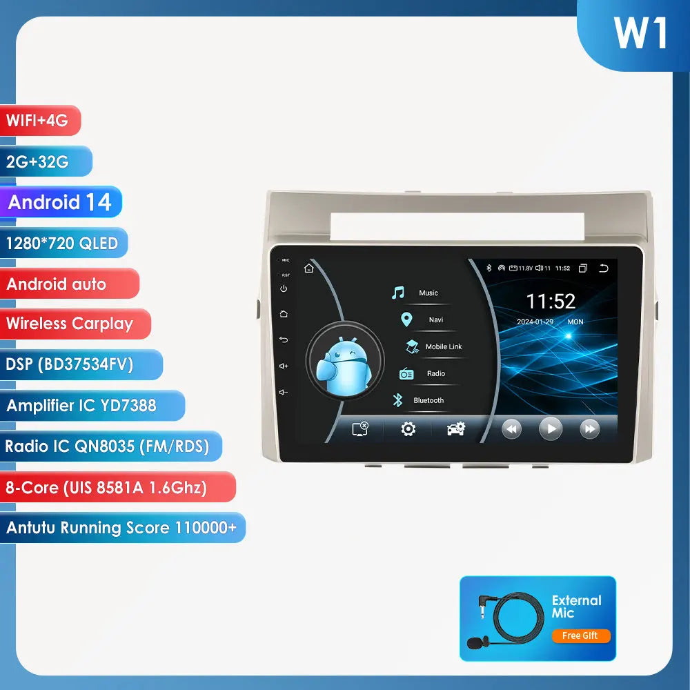 Toyota Corolla Verso AR10 2004-2009 9" Android 14 Carplay Android auto wireless wifi bt gps 4g AUTMLD56J