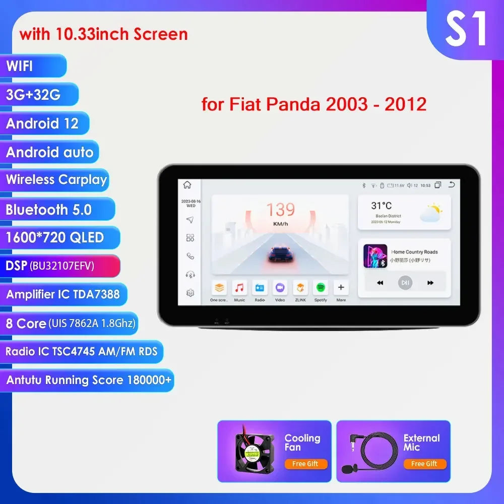 Fiat Panda 2003 - 2012 9" Android 14 Carplay Android auto wireless wifi bt gps 4g AUTMWUM9