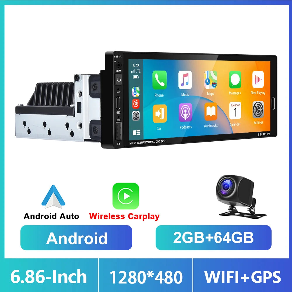 1din 6.86'' Android Car Stereo Radio 2+64G Wireless Carplay Android auto Bluetooth WIFI GPS FM Radio RDS AUTMRDNV1