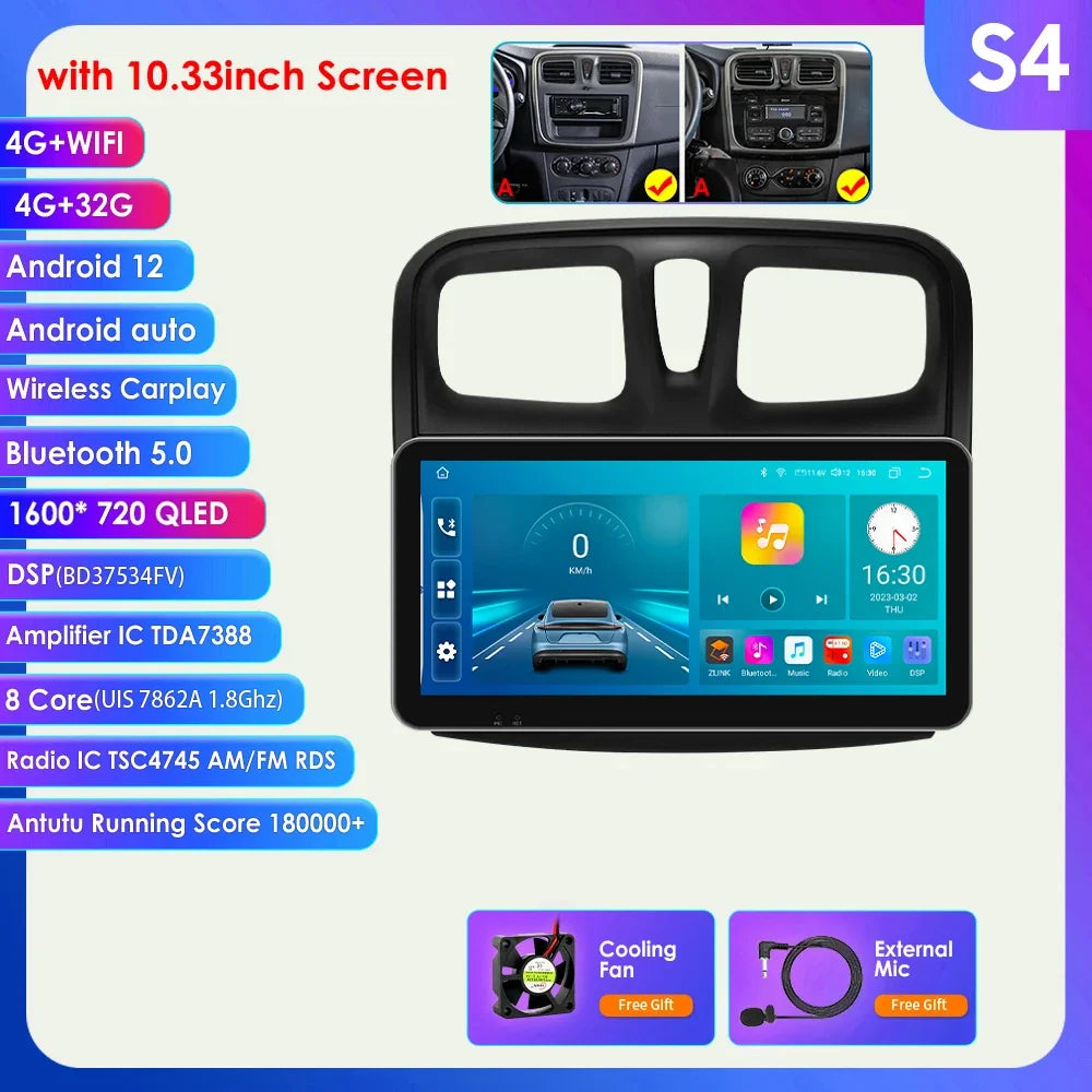 Dacia Logan 2 II Sandero 2 2012-2019 9" Android 14 Carplay Android auto wireless wifi bt gps 4g AUTMH2D9