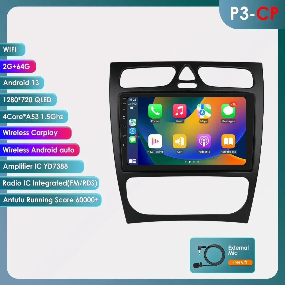 Mercedes-Benz A W168 C W203 G W463 Viano Vito CLK Class C209 1998-2006 9" Android 14 Carplay Android auto wireless wifi bt gps 4g AUTMZH0A
