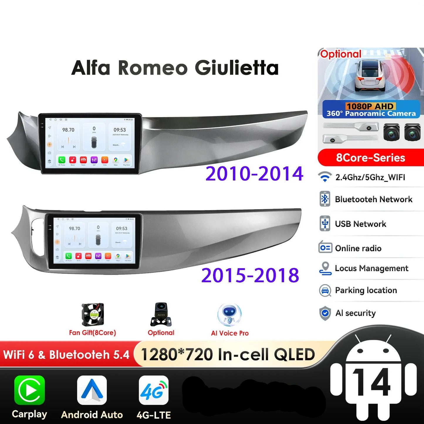 Alfa Romeo Giulietta 2010-2018 9" Android 14 Carplay Android auto wireless wifi bt gps 4g AUTMPK52