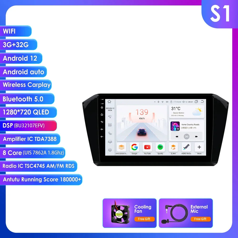 VW Passat B8 2014 -2023 10,1" Android 14 Carplay Android auto wireless wifi bt gps 4g AUTMP6CD