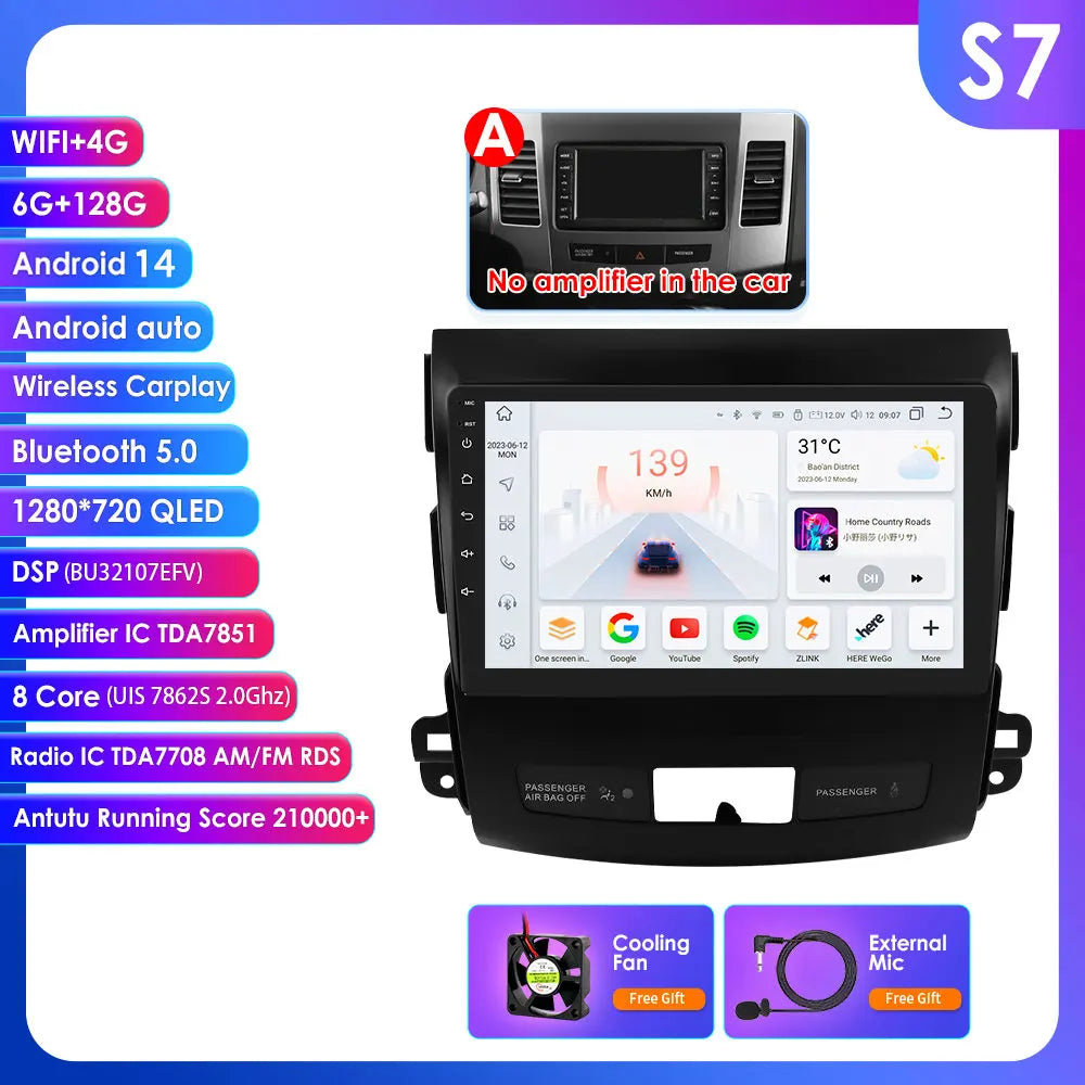 Peugeot 4007 Mitsubishi Outlander 2 Citroen C-Crosser 9" Android 14 Carplay Android auto wireless wifi bt gps 4g AUTMS5Y3