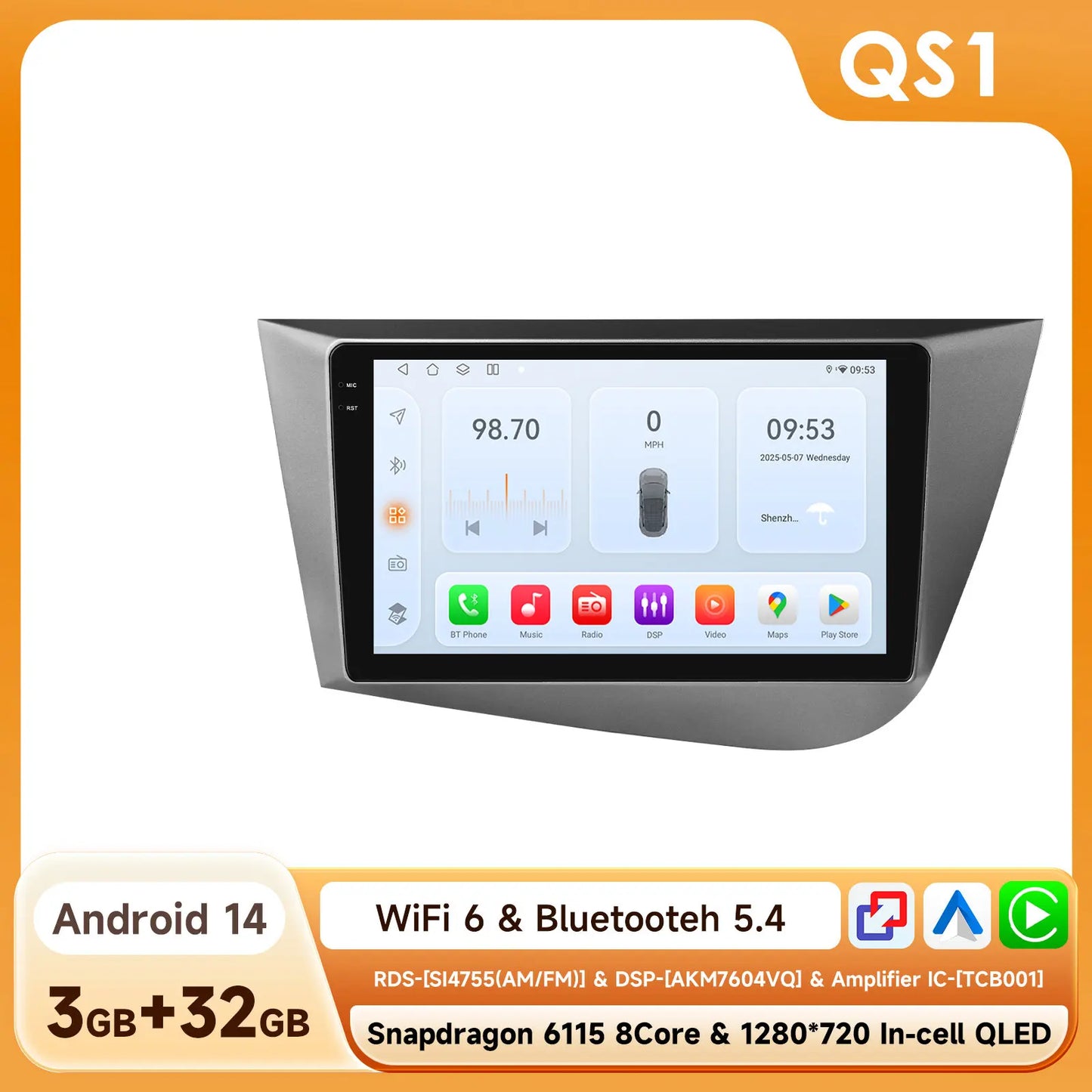 Seat Leon 2 MK2 2005 - 2012 9" Android 14 Carplay Android auto wireless wifi bt gps 4g AUTMJ9VX