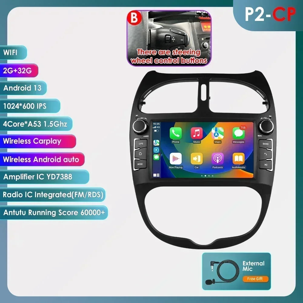 Peugeot 206 206CC 206SW 2000-2008 9" Android 14 Carplay Android auto wireless wifi bt gps 4g AUTM9GQB