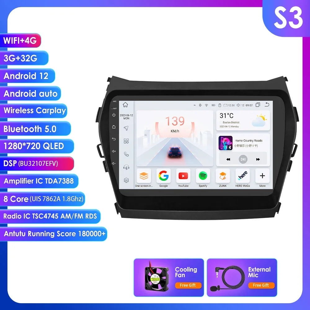 Hyundai Santa Fe 3 2013-2017 IX45 9" / 10,33" Android 14 Carplay Android auto wireless wifi bt gps 4g AUTM1AC6