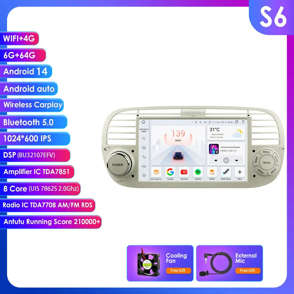 Fiat 500 2007 - 2015 7" Android 14 Carplay Android auto wireless wifi bt gps 4g AUTM7QGL