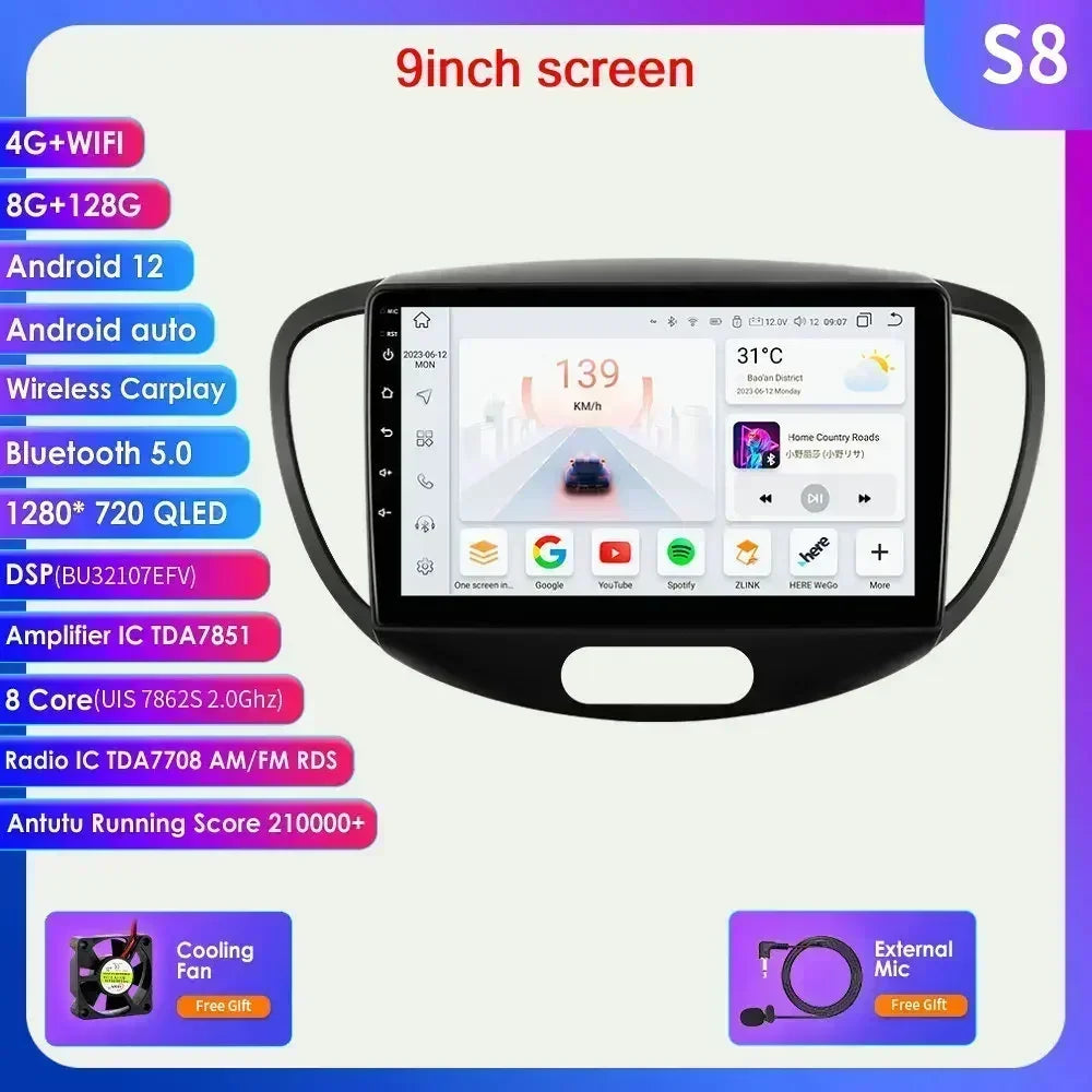 Hyundai I10 2007-2013 9"/10,33" Android 14 Carplay Android auto wireless wifi bt gps 4g AUTMMDSZ