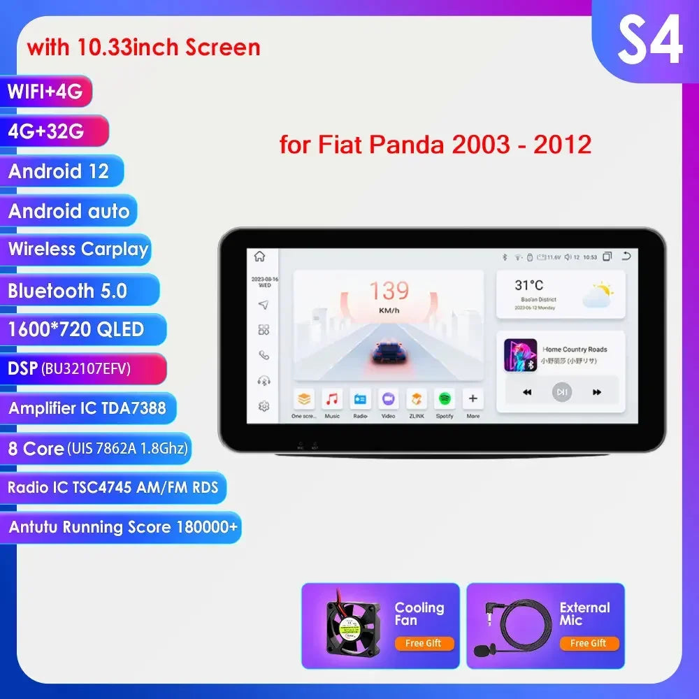 Fiat Panda 2003 - 2012 9" Android 14 Carplay Android auto wireless wifi bt gps 4g AUTMWUM9