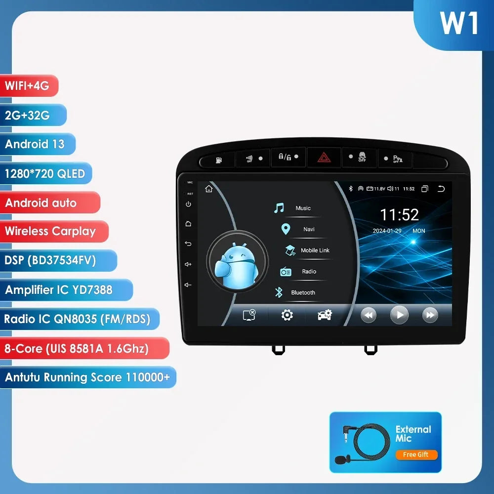Peugeot 308 308SW Peugeot 9" Android 14 Carplay Android auto wireless wifi bt gps 4g AUTMAJNZ