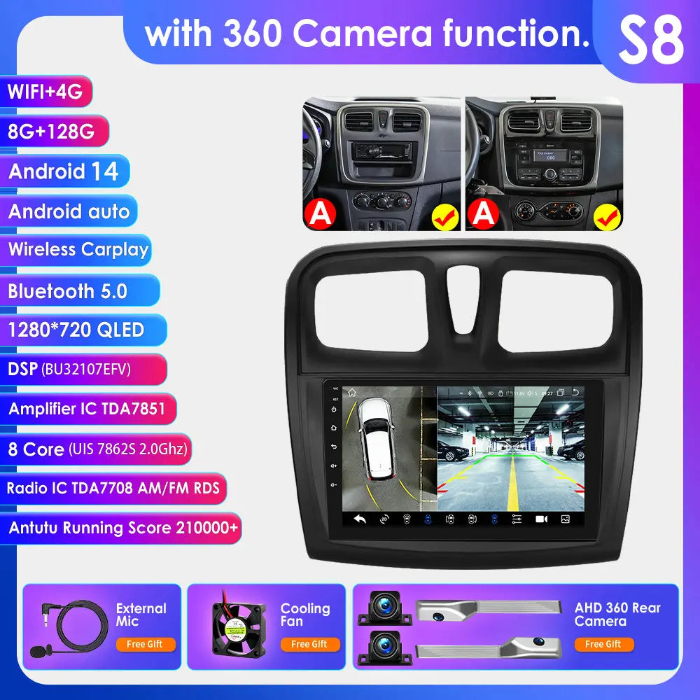 Dacia Logan 2 II Sandero 2 2012-2019 9" Android 14 Carplay Android auto wireless wifi bt gps 4g AUTMH2D9