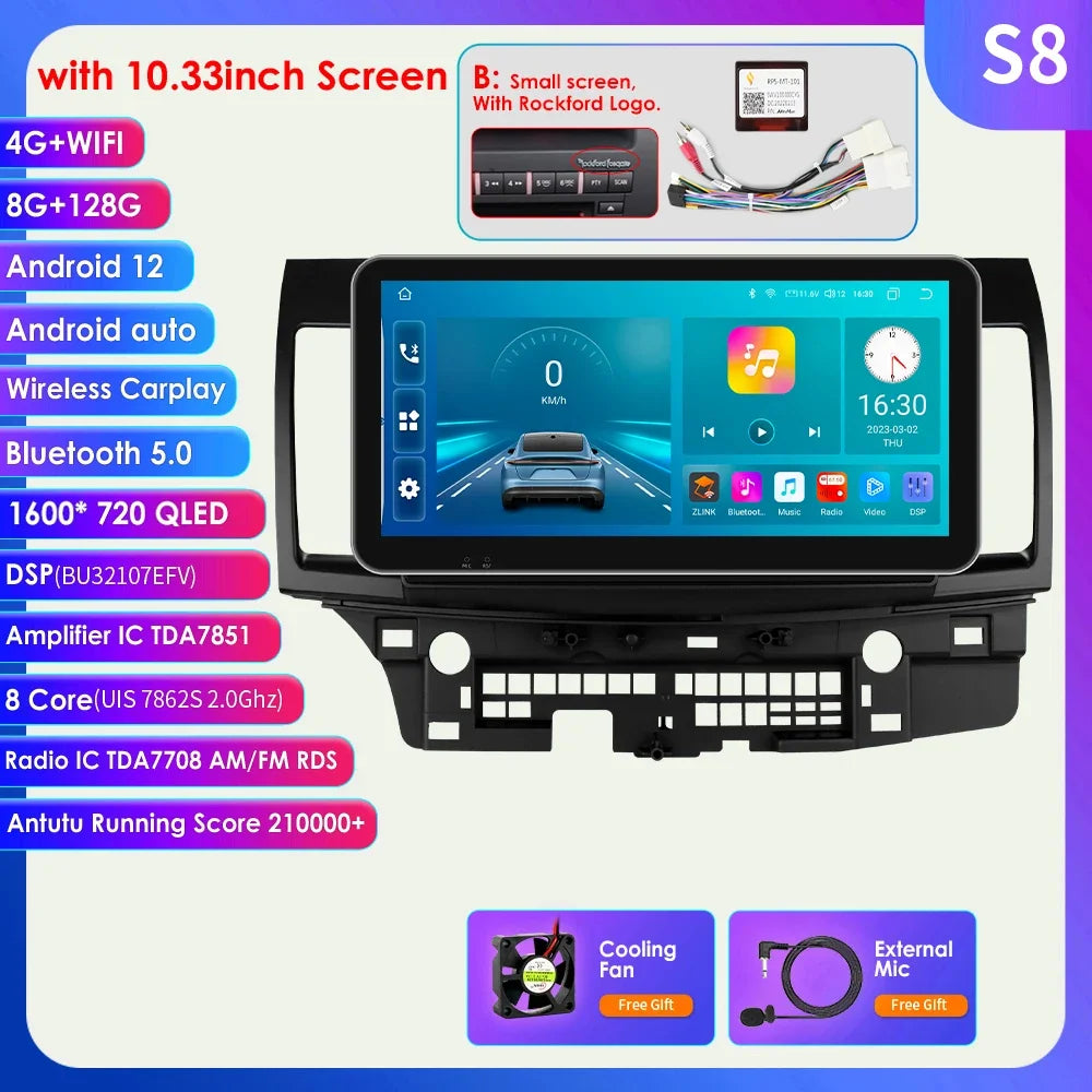 Mitsubishi Lancer 2007-2012 9" Android 14 Carplay Android auto wireless wifi bt gps 4g AUTMLCRMT