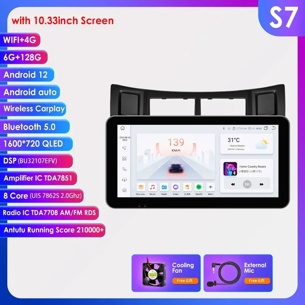 Toyota Yaris 2005-2012 9" Android 14 Carplay Android auto wireless wifi bt gps 4g AUTMT2N6