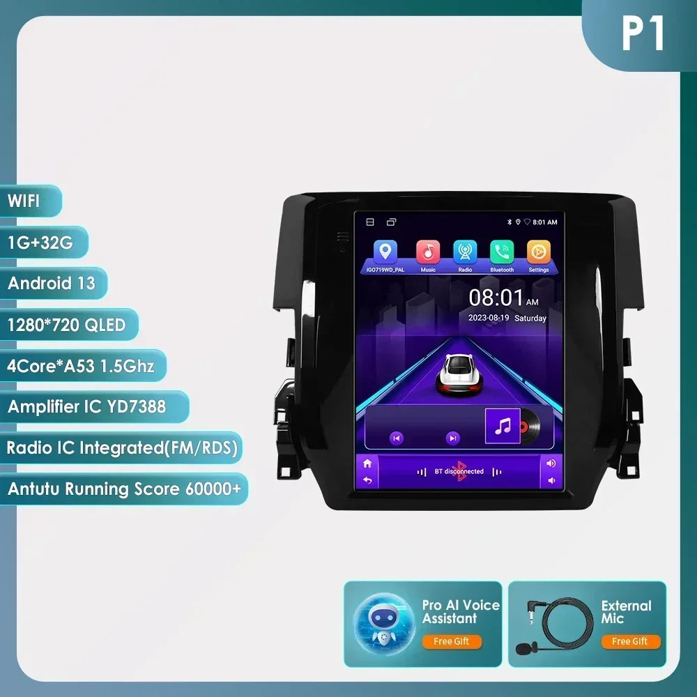 Honda Civic 2015-2020 9.7" Android 14 Carplay Android auto wireless wifi bt gps 4g AUTMCVCH3