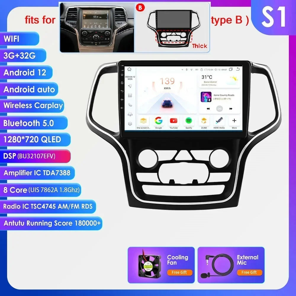 Jeep Grand Cherokee WK2 2014-2022 9" Android 14 Carplay Android auto wireless wifi bt gps 4g AUTMFH0Y